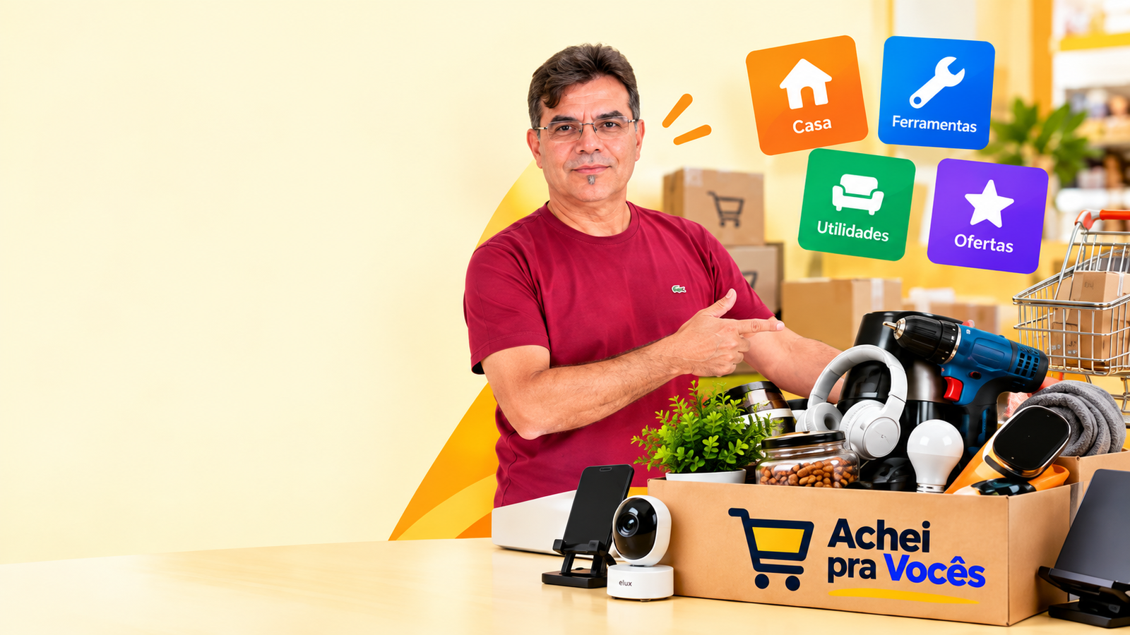 Paulo apresentando produtos e achadinhos do Achei pra Vocês